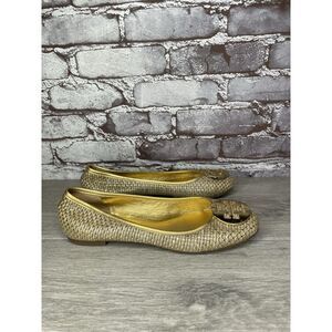Tory Burch Straw Reva Gold Leather Logo Ballet Flats Women’s Sz 7.5M US/38EU